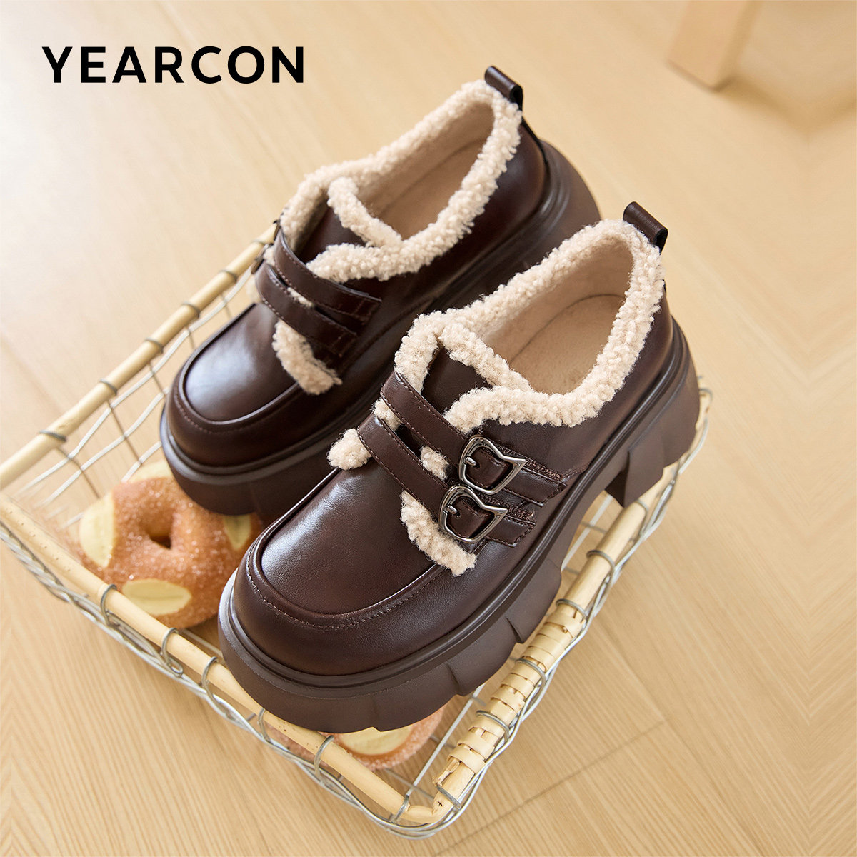 意尔康女鞋冬季加绒乐福鞋女厚底双扣带毛绒内里休闲通勤小皮鞋,女鞋,乐福鞋（豆豆鞋）,淘宝优惠券,粉丝福利购,淘宝优惠卷