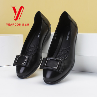 意尔康女鞋春秋妈妈鞋真皮坡跟舒适皮鞋女款浅口单鞋3181AA08617Y