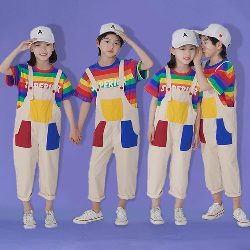 六一儿童条纹演出服啦啦队幼儿园小学生背带裤团体合唱表演服装潮