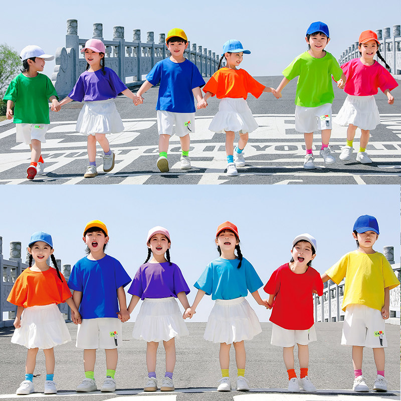 儿童啦啦队演出幼儿园表演服多巴胺糖果色T恤小学生班服运动会服