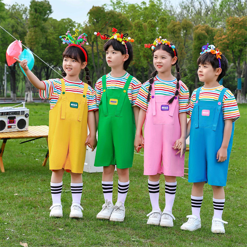 小学生六一儿童节跳舞背带裤套装夏季糖果色舞蹈演出服幼儿园合唱