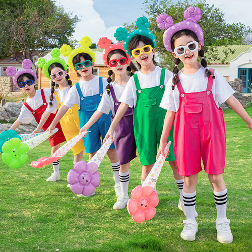 儿童演出服糖果色背带裤运动会班服多彩色棉多巴胺舞蹈表演摄影
