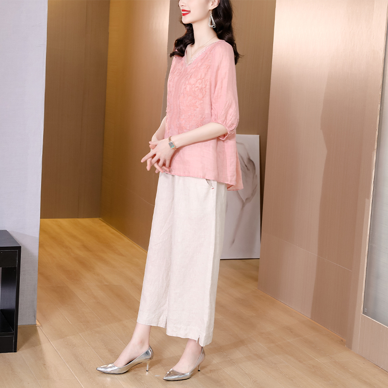 亚麻女装套装夏装2023新款棉麻上衣女士休闲百搭妈妈宽松苎麻小衫