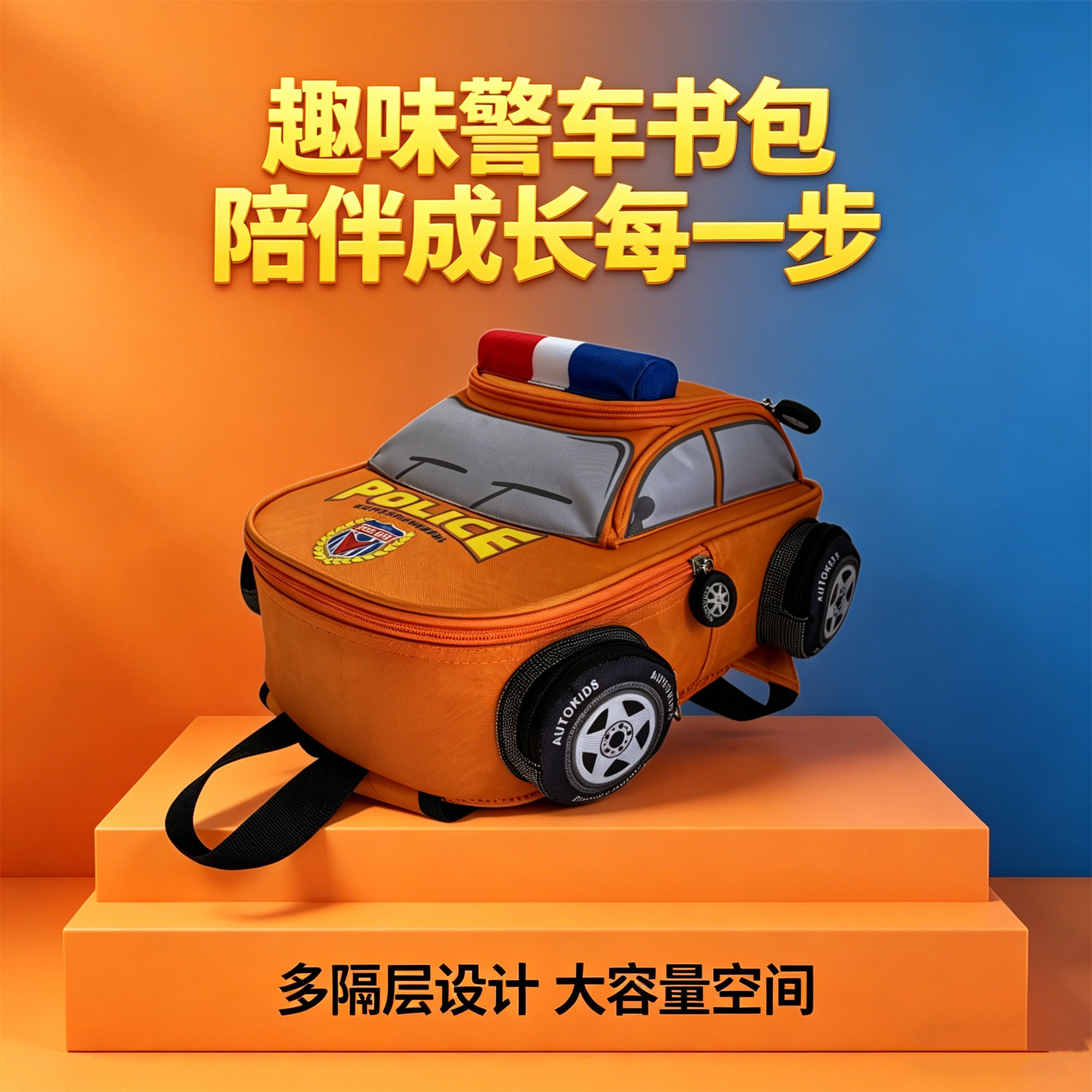 德国AK幼儿园书包学前班1-4岁男童警车幼儿橙色小童包小班汽车包