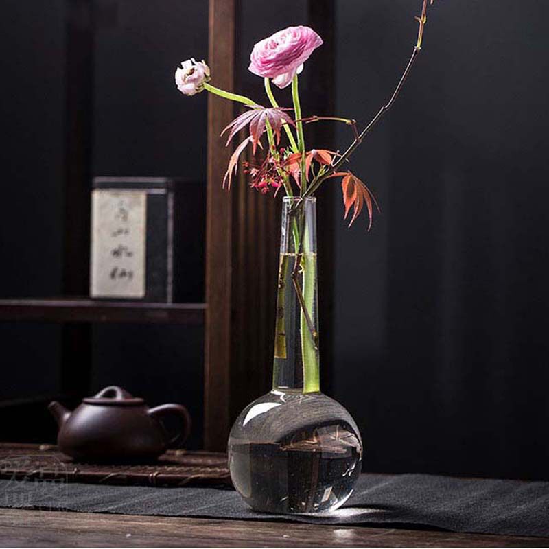 日式禅意透明玻璃梅瓶干花小口花插花瓶仿古花瓶茶桌摆件简约花器