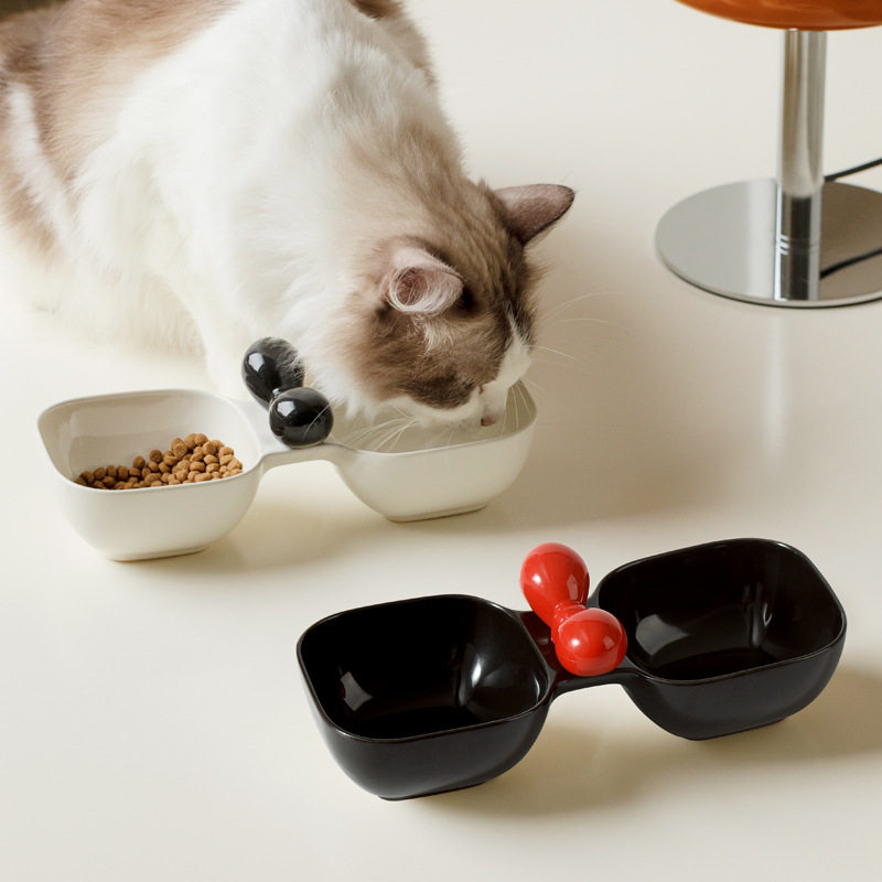 陶瓷小狗碗猫碗猫咪碗猫食盆宠物用品碗饮水碗零食罐头碗双碗一体