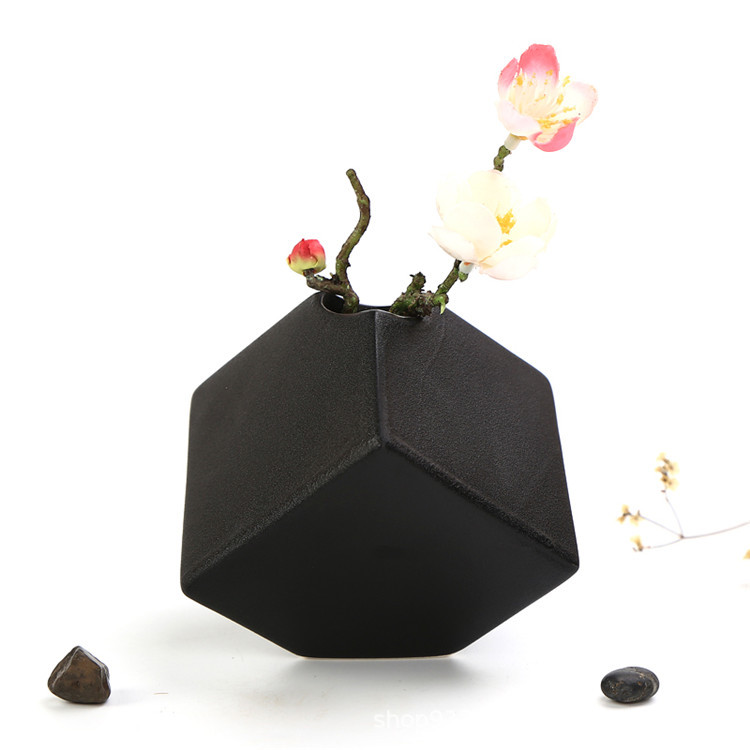 黑色陶瓷花瓶正方体几何图形水培花器干花插花器小号桌面台面摆件
