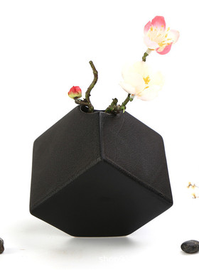黑色陶瓷花瓶正方体几何图形水培花器干花插花器小号桌面台面摆件