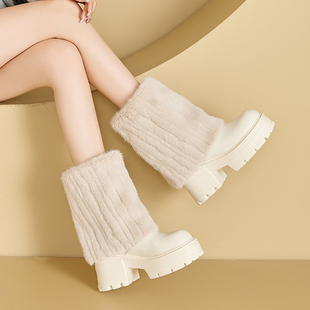 冬季 2025新款 中筒靴 管雪地靴女粗跟厚底毛毛靴加绒保暖棉鞋 10cm裤