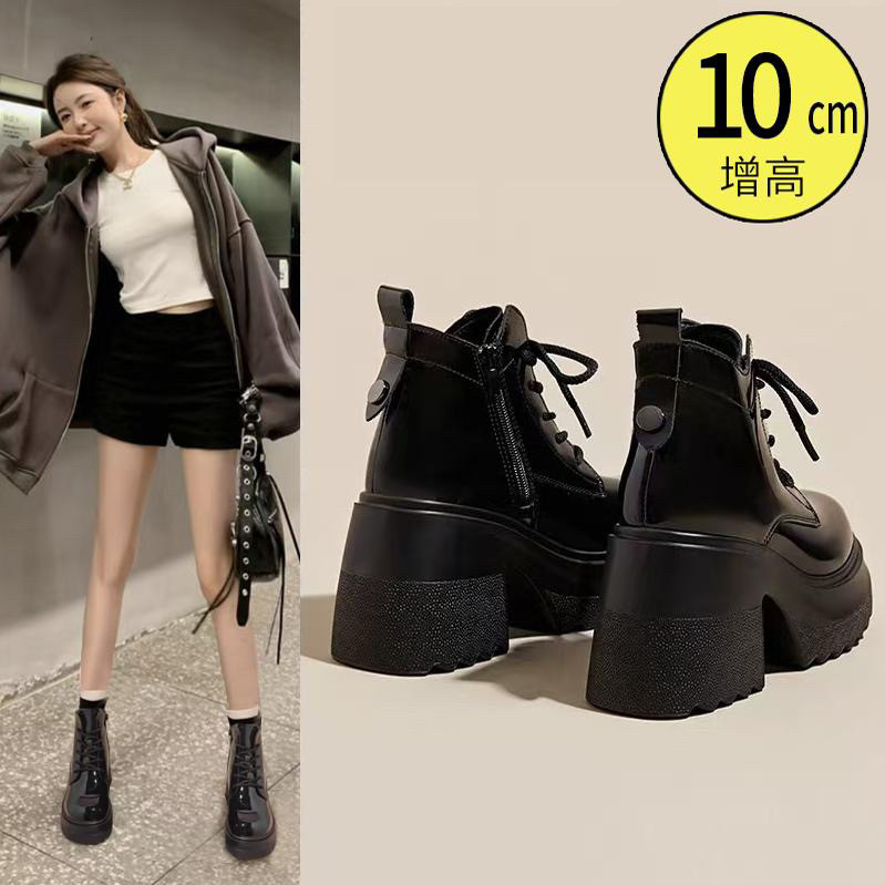 矮子乐10cm增高马丁靴女2025新款春秋厚底高跟粗跟加绒小个子短靴