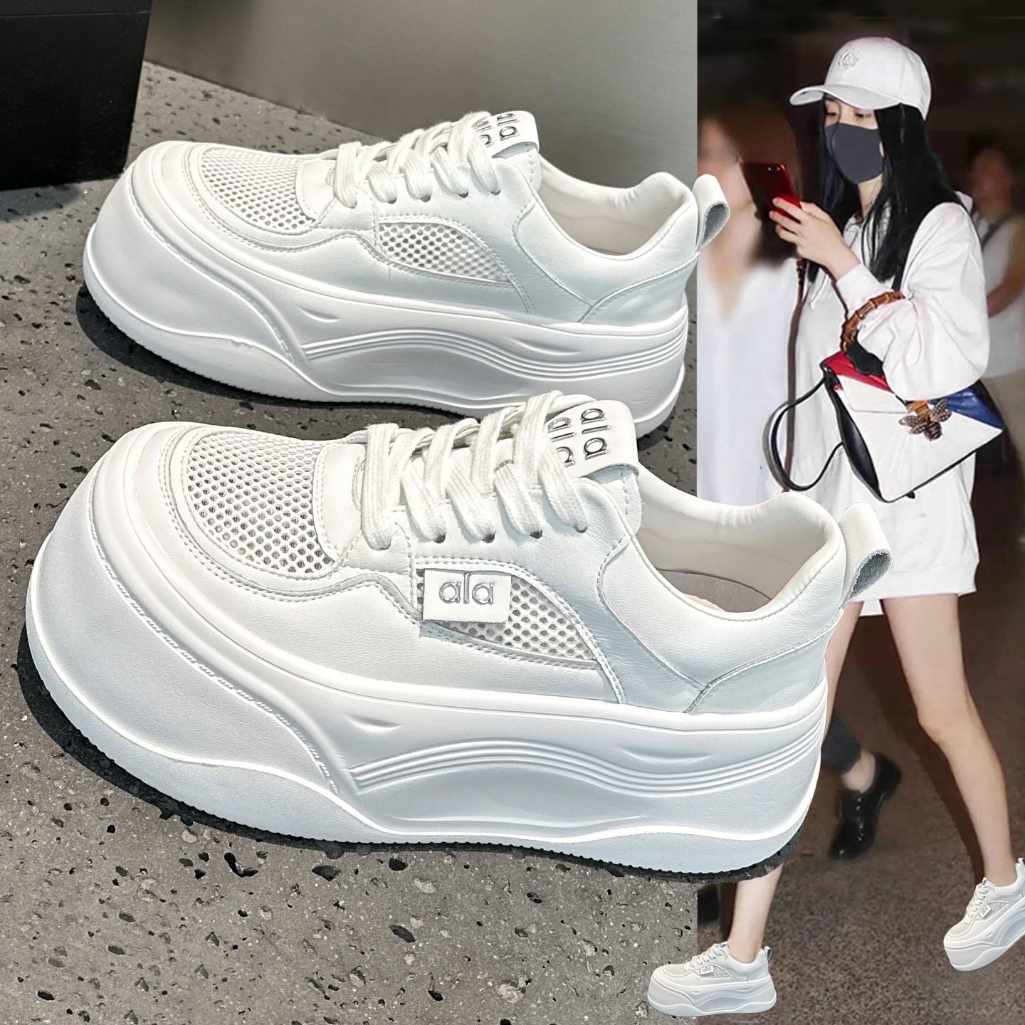 欧洲站透气网面小白鞋女2026夏季新款爆款大头板鞋厚底增高休闲鞋