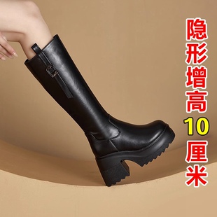 真皮10cm增高跟长靴女小个子不过膝2025年新款秋冬厚底高筒骑士靴