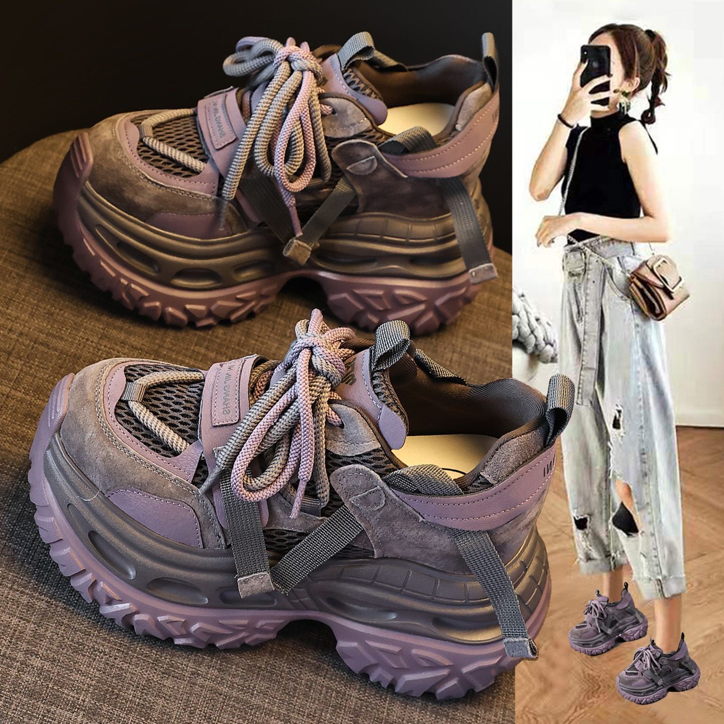 欧洲站复古真皮老爹鞋女2025秋季新款爆款高级感厚底内增高休闲鞋