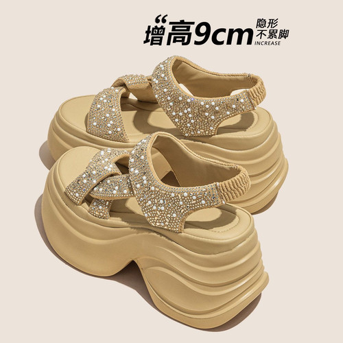 IG/IG厚底增高10cm凉鞋女新款小个子百搭真皮软底休闲水钻松糕鞋