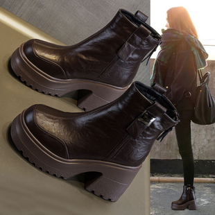 真皮切尔西棕色马丁靴女2025冬季 加绒厚底坡跟小个子瘦瘦短靴 新款