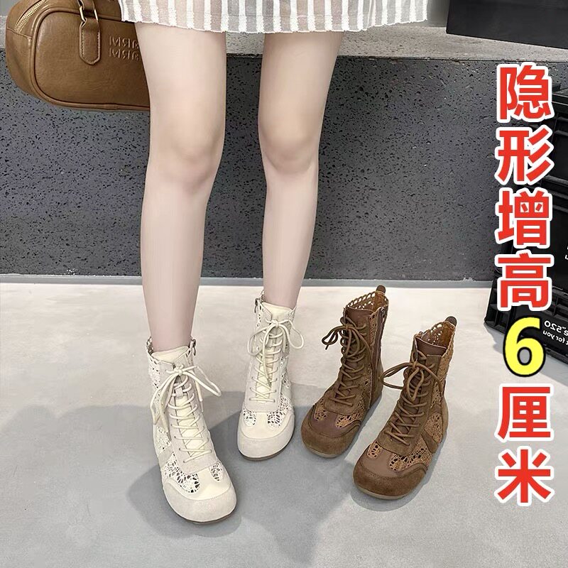 软底网面拳击靴女2026新款夏季蕾丝拼接短靴内增高马丁靴百搭凉靴图片