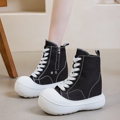 13CM内增高女鞋厚底大头帆布鞋女2026春季新款百搭高帮休闲松糕鞋
