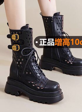 薄款镂空透气马丁靴女英伦风2026夏季新款10cm厚底内增高中筒网靴