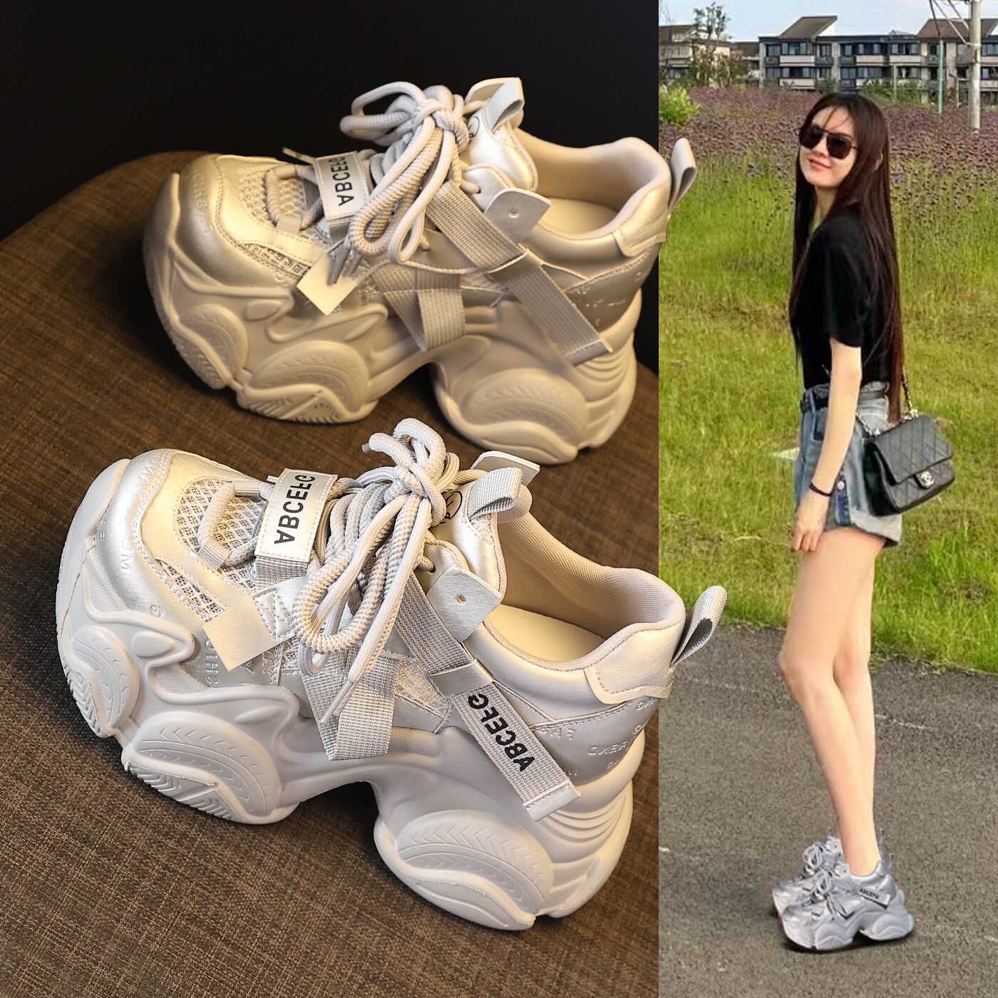 真皮厚底老爹鞋女网面透气2026春新款内增高运动休闲鞋时尚单鞋潮