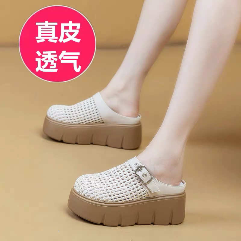 真皮一脚蹬包头半拖鞋女夏季透气镂空凉拖鞋外穿厚底复古编织凉鞋