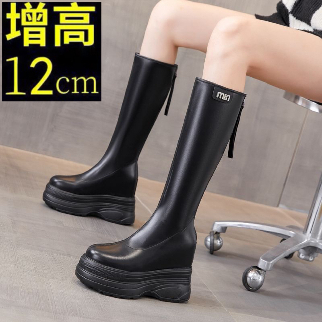 欧货12cm内增高长筒靴女2025新款秋冬季超火小个子厚底高筒骑士靴