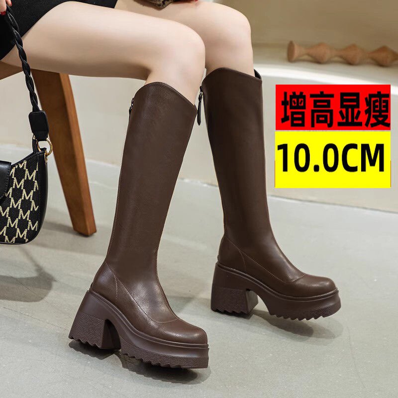 2025秋冬季加绒长靴增高10厘米厚底高筒靴女高跟靴子小个子骑士靴