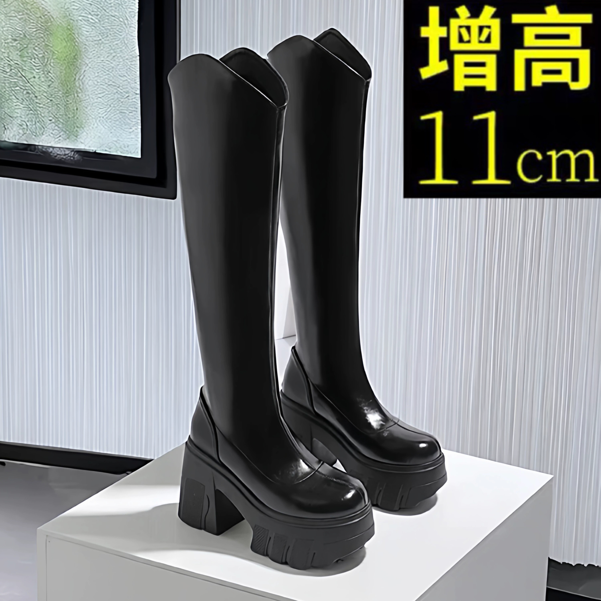 2025新款真皮厚底显瘦小个子增高11CM骑士靴粗高跟不过膝长筒靴女