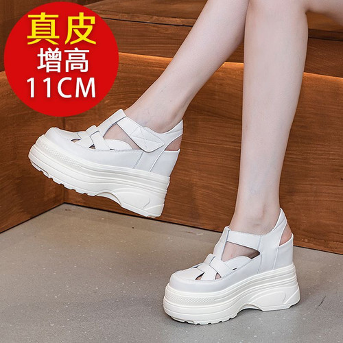 11cm内增高包头凉鞋女2025夏季新款小个子松糕真皮厚底坡跟罗马鞋