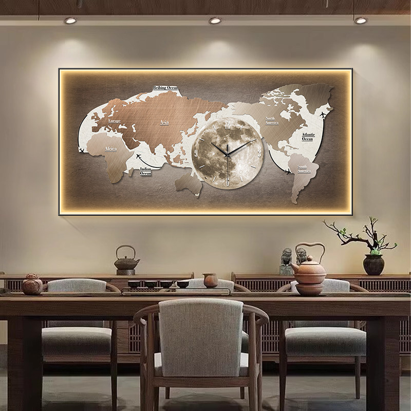 现代世界地图装饰画2025新款时钟表挂画办公室书房创意氛围灯画