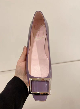 2022年夏季新款平底单鞋方头方扣浅口香芋紫色通勤百搭漆皮女鞋子