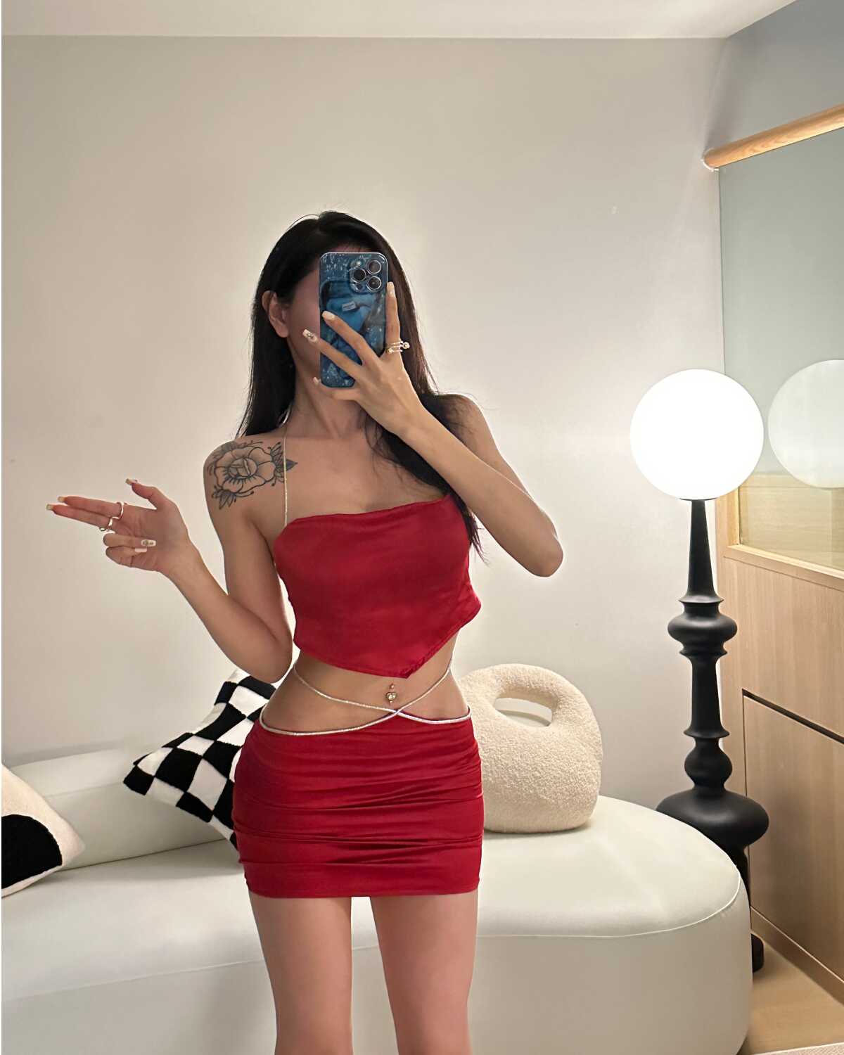 露背辣妹套装新款红色短裙上衣