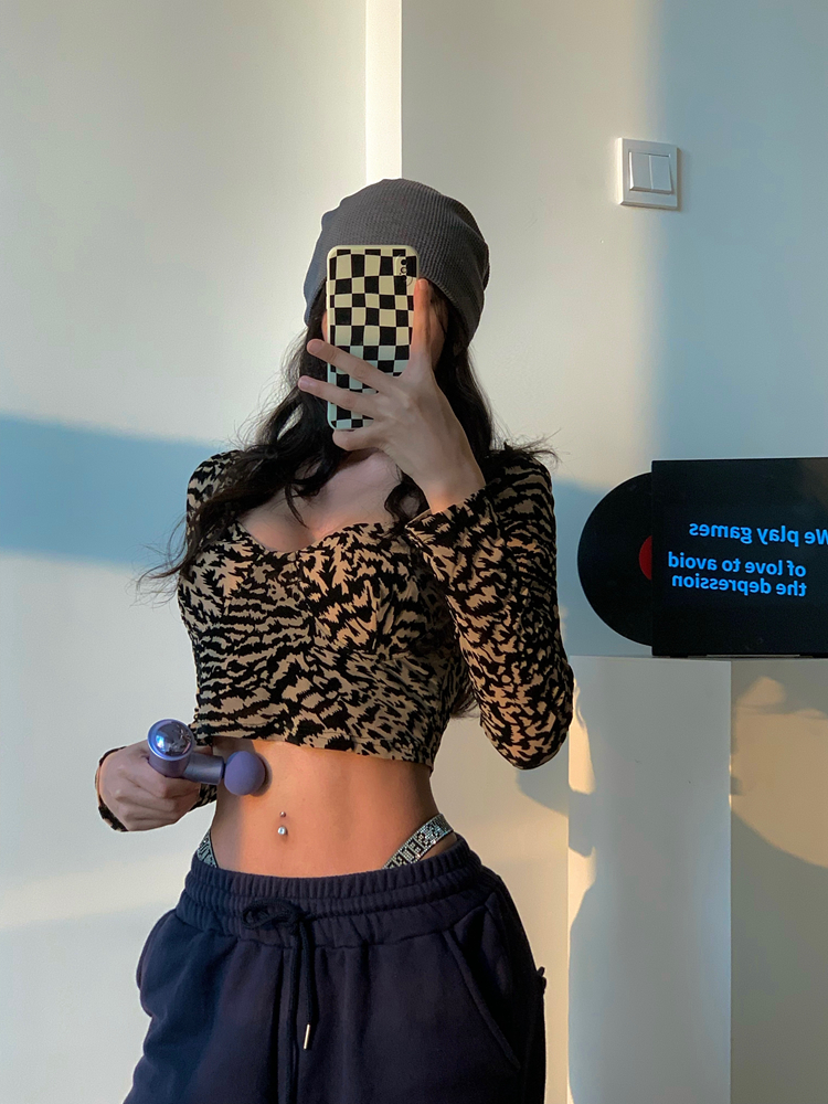 blahs豹纹上衣女性感低胸长袖短款打底紧身欧美2025年秋季新款潮