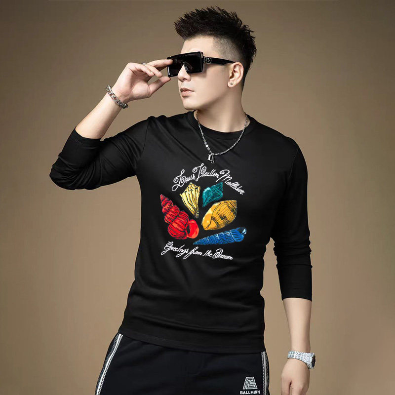 欧货2026秋季新款长袖T恤男印花圆领打底衫丝光棉上衣休闲体恤薄