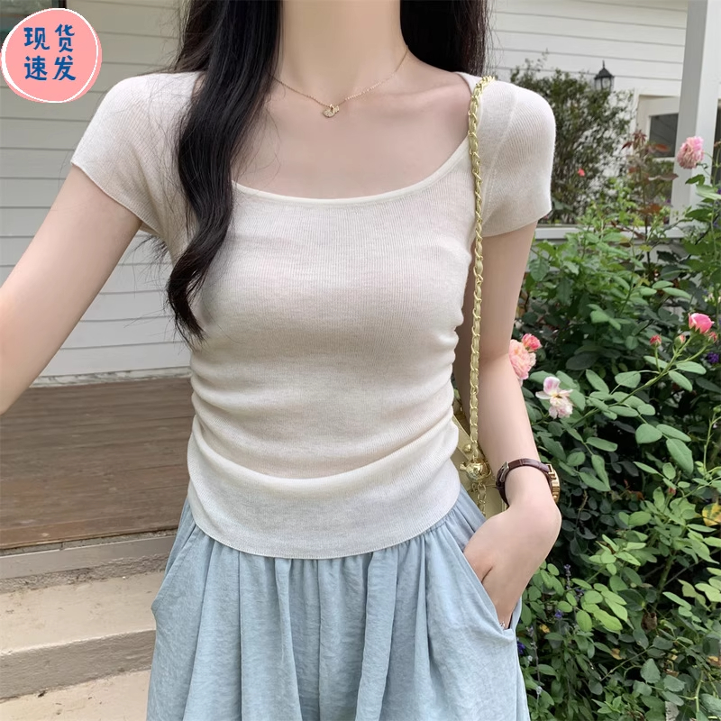 冰丝针织方领短袖t恤女修身上衣