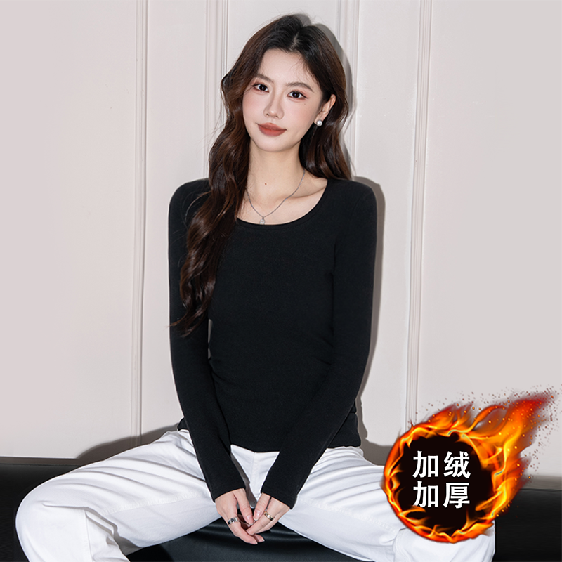黑色圆领加绒加厚打底衫女内搭秋冬2025新款时尚低领保暖长袖上衣