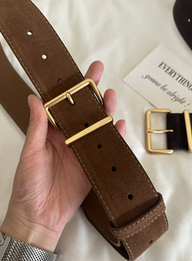 onetk 宽腰带女时尚腰封复古金扣二层牛皮绒面高档皮带棕色新款