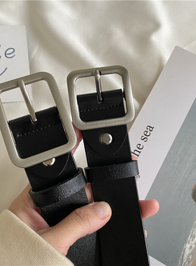高级风简约方头皮带女宽真皮百搭银色扣新款纯色牛皮腰带潮男黑色