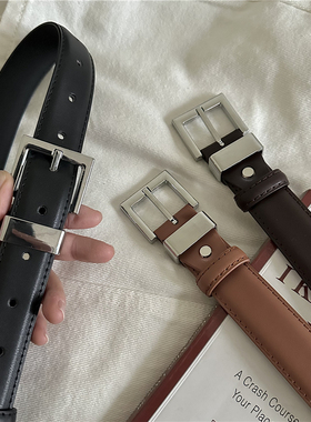 简约chic风银色半扣真皮腰带女士高级感韩版新款针扣黑色皮带潮男