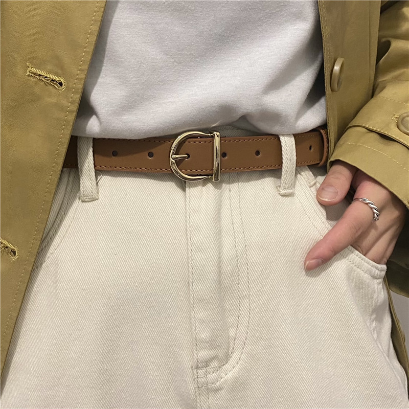 d字半圆扣真皮腰带女韩国ins精致简约不撞款柔软职业装皮带窄黑色