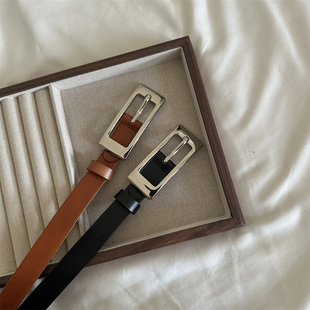 新款黑色细腰带女高级银扣百搭装饰裤带真皮韩国流行时尚棕色皮带