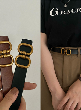 韩版皮带女夏新款棕色chic暗扣复古蝴蝶圆扣真皮装饰腰带小众设计