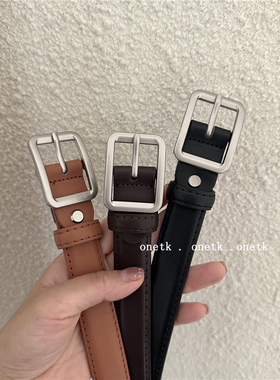onetk新款皮带女高档简约银扣韩版压线装饰牛仔裤带学生腰带黑色