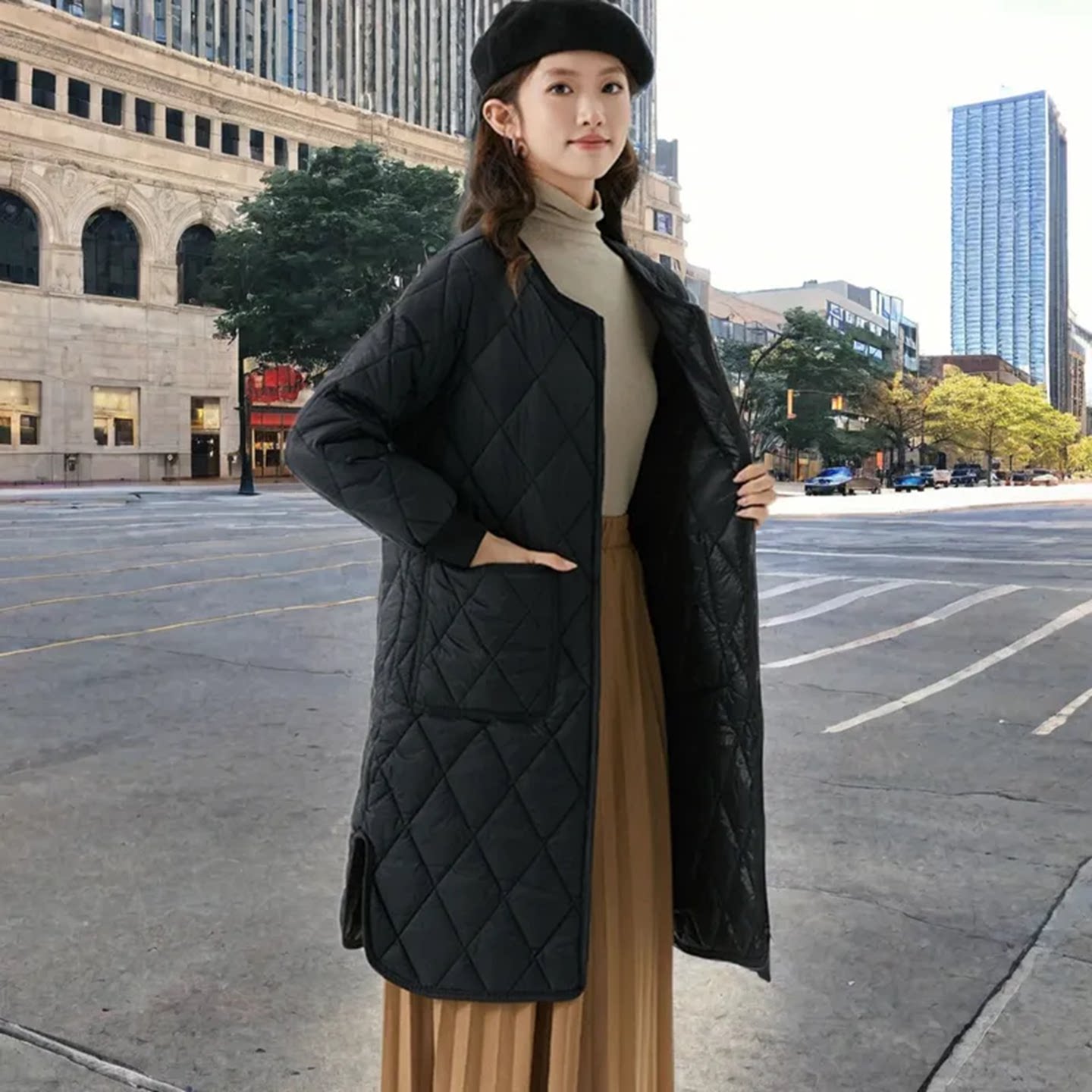 2025冬季无领女士冬季中长款气质宽松外套保暖羽绒棉服轻薄款大衣