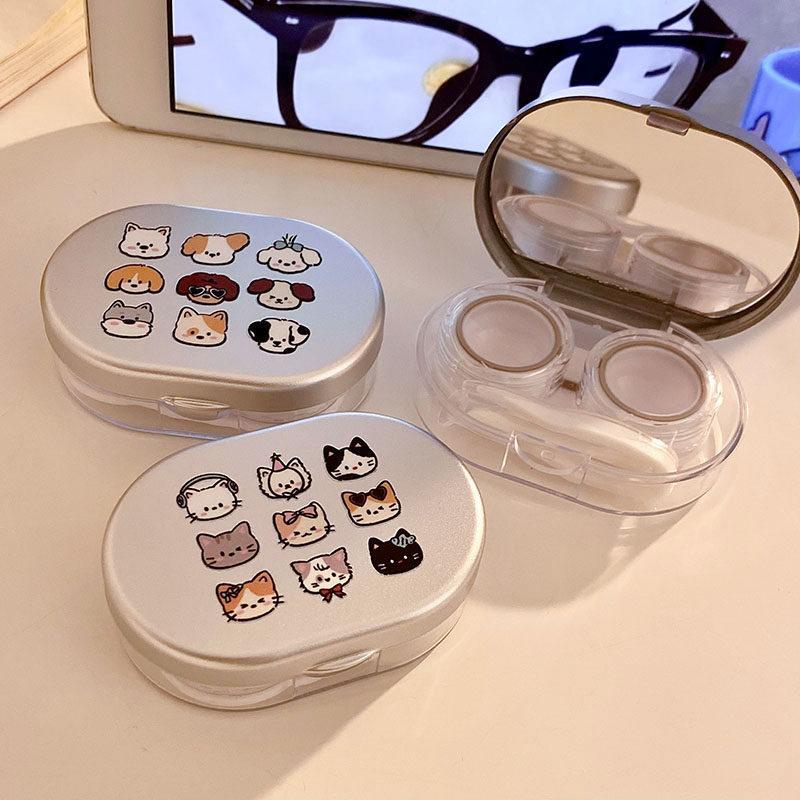 可爱小狗家族银色高级感电镀隐形眼镜盒便携伴侣盒胶圈防漏收纳盒