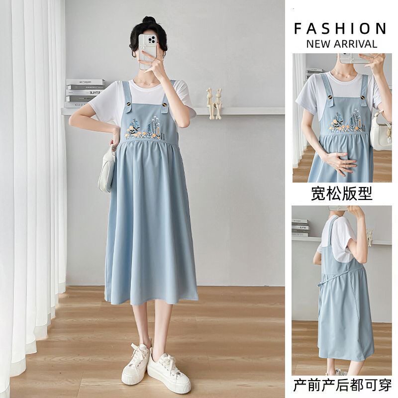 孕妇装夏季韩版新款时尚小清新减龄碎花裙孕妇宽松大码短袖连衣裙
