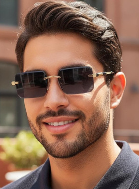 欧美时尚新款无框切边太阳墨镜方形个性百搭潮流男款嘻哈朋克眼镜