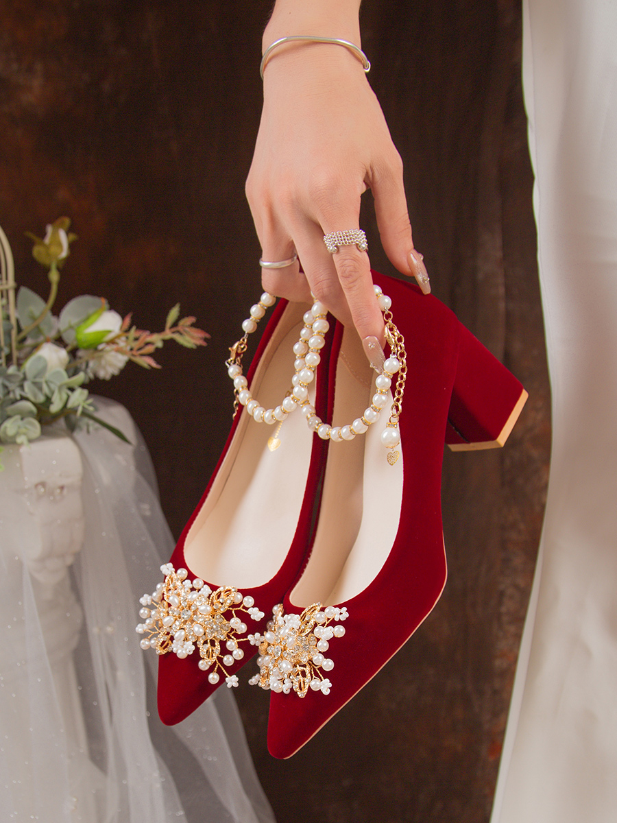 中式婚鞋女粗跟红色结婚鞋孕妇可穿婚纱秀禾服两穿不累脚新娘鞋子 女鞋 浅口单鞋 原图主图