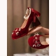 不累脚绝美花朵秀禾婚纱两穿玛丽珍粗跟高跟鞋 红色订婚鞋 新娘鞋 女