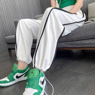 白色冰丝速干运动裤女夏季薄款小个子防蚊裤子束脚灯笼香蕉阔腿裤