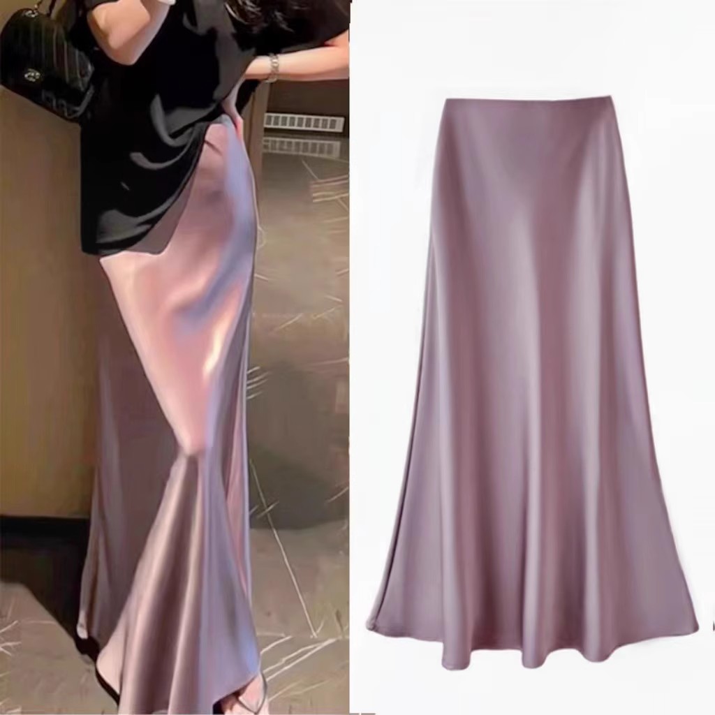 醋酸缎面半身裙女2025春季新款高腰显瘦丝滑长款A字包臀鱼尾裙